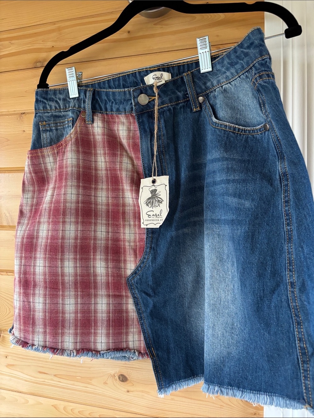 easel Two-Tone Denim Skirt with Red Plaid Panel